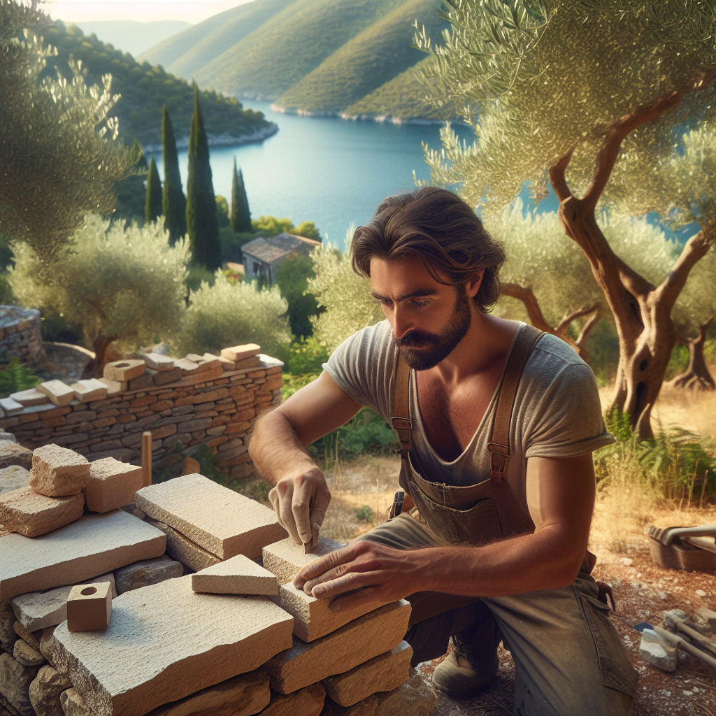 Assos'ta taş duvar ustaları geleneksel tekniklerle inşaat sürecini gösteriyor.