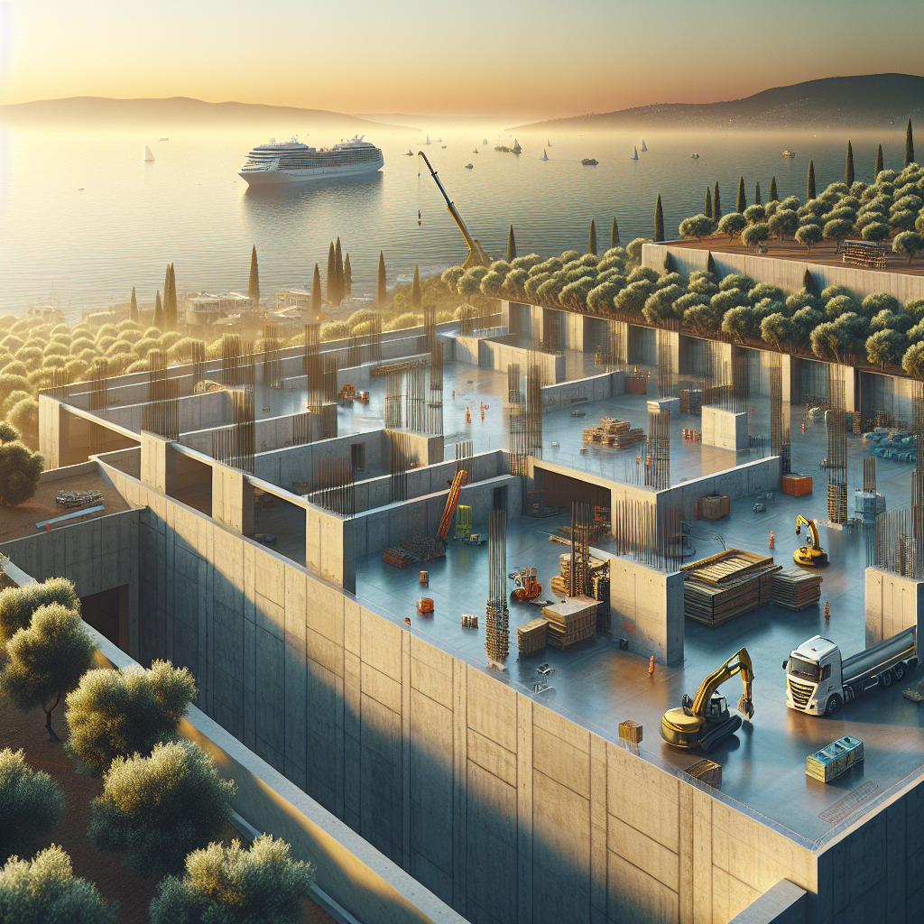 Çanakkale'de modern çatı uygulamaları ve su izolasyonu çalışmalarıyla inşaat sahası görüntüsü.