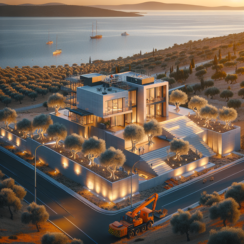 Çanakkale'de modern çelik ev inşaatı sahnesi, işleyiş ve mimari detaylar ön planda.
