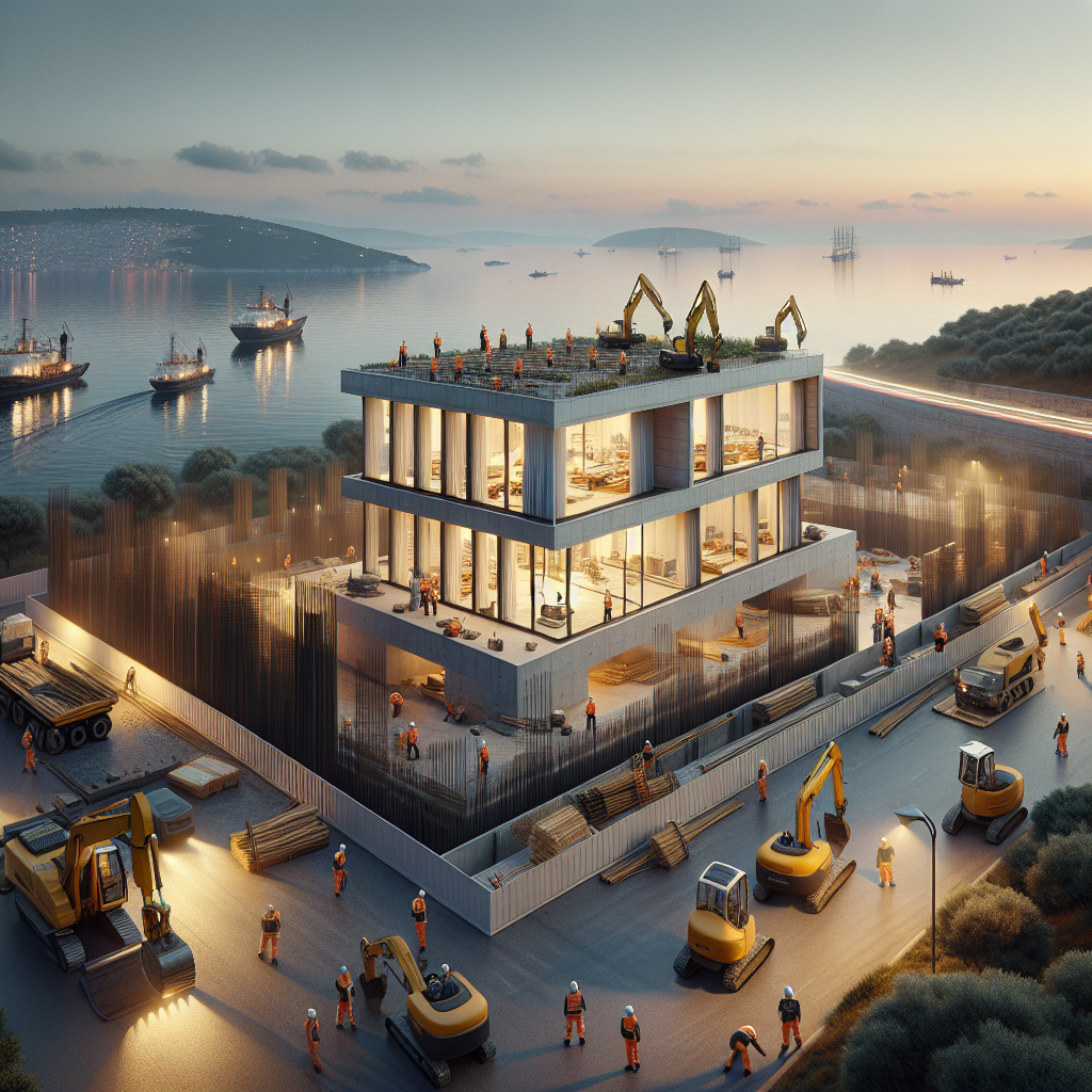 Çanakkale'de modern çiftlik evi inşaat sahnesi, mimari detaylar ve iş makineleriyle dolu bir şantiye.